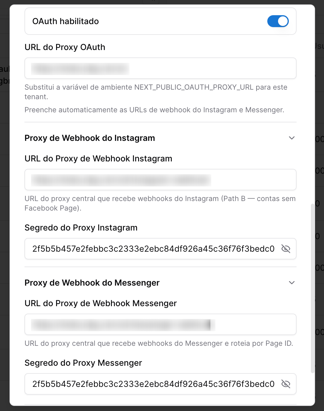 Conversa - tela de configuração do Tenant - oauth instagram e facebook messenger